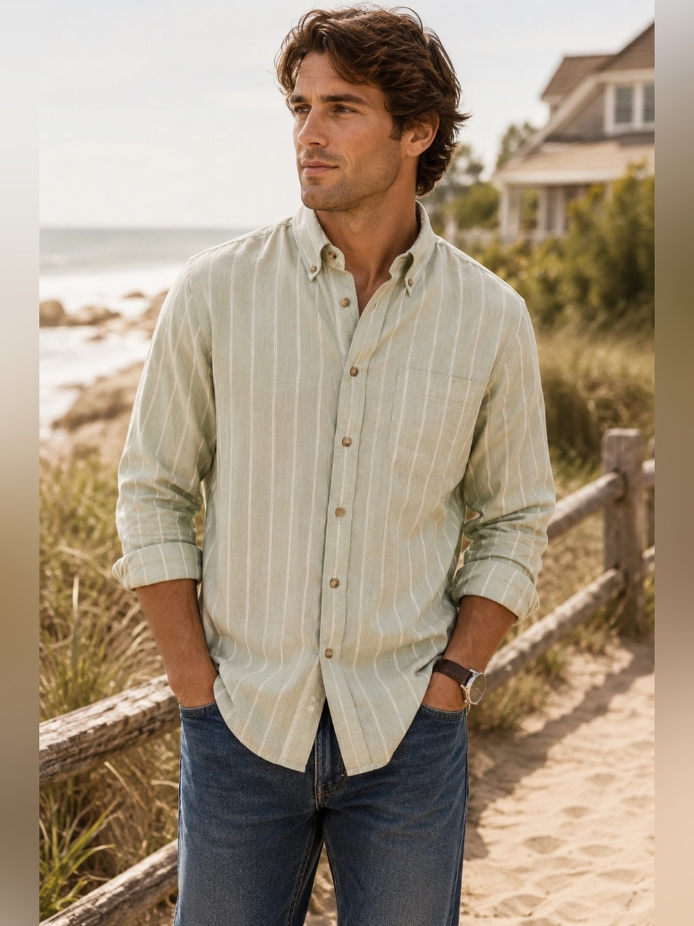 L.L.Bean Sage Green White Stripe Button Down Shirt Men’s L 100% Cotton Coastal